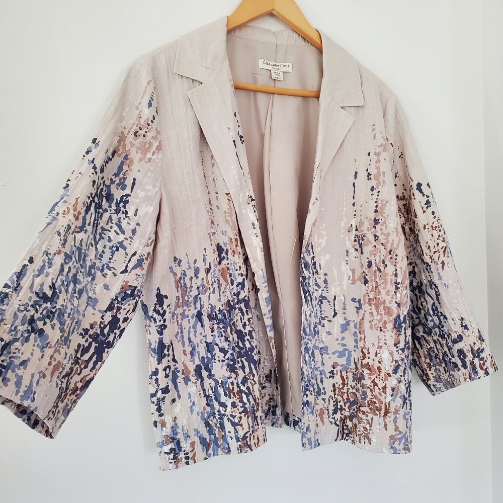 COLDWATER CREEK L 100% Linen Open Front Blazer Jacket 3/4 Sleeve Watercolors EUC